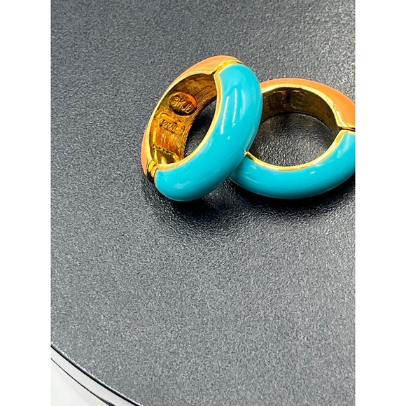 KJL Vintage KJL Signed Blue Orange Enamel Huggie Hoop Earrings snap on versatile - Picture 4 of 11